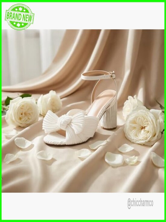 Bow Knot Heeled Sandals Open Toe Chunky Heels Ankle Strap Pleated Wedding Dress